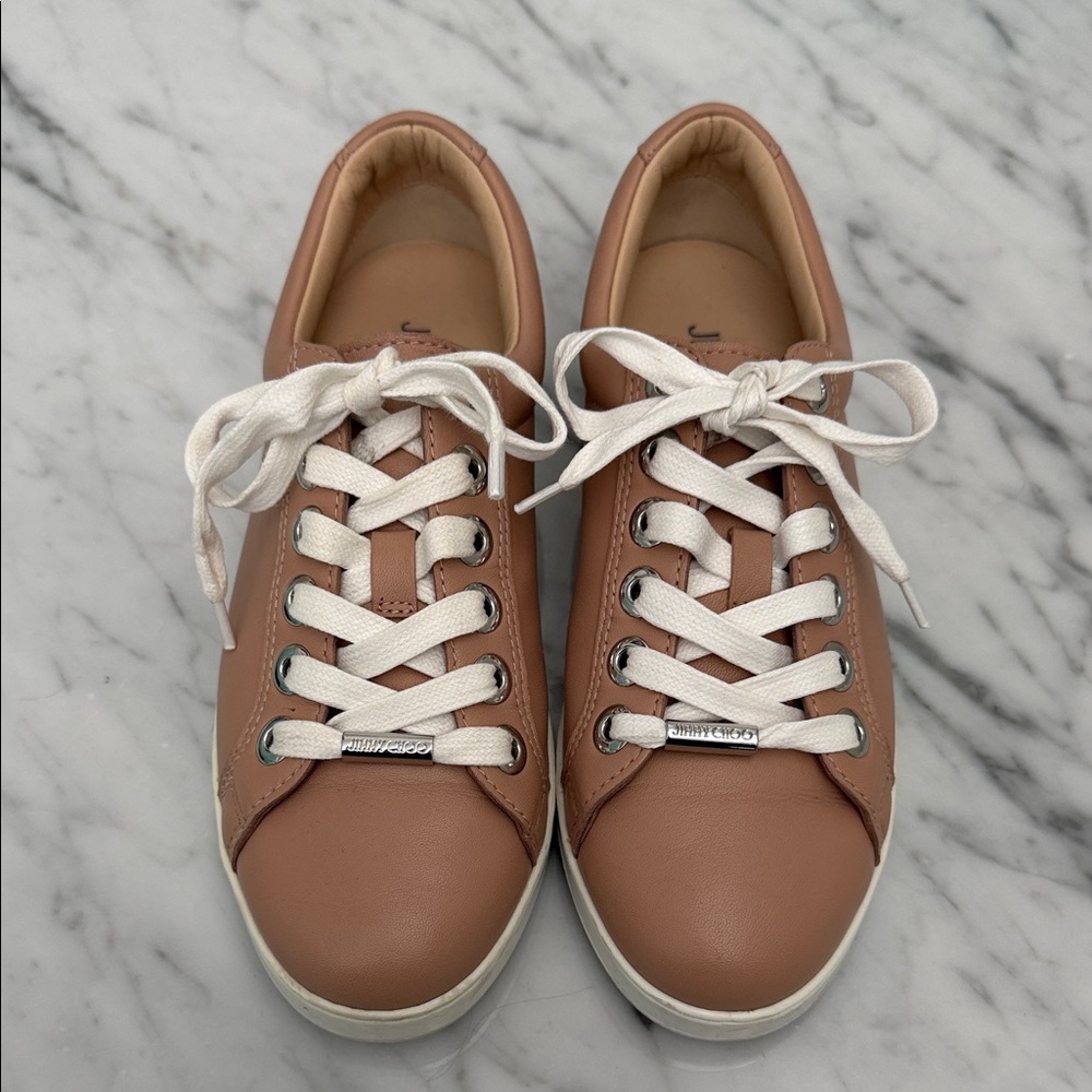 Jimmy Choo Leather Lace-Up Sneakers in Dusty Rose Tan and White